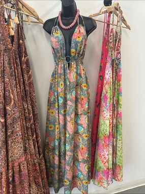 Halter Floral Maxi Dress in Teal and Coral